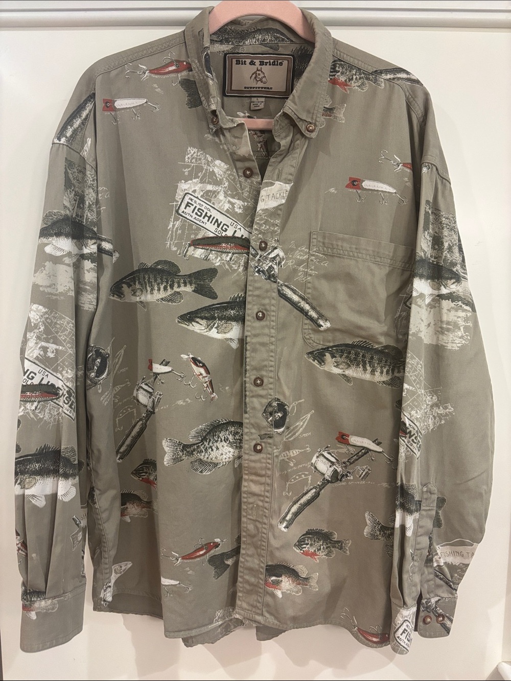 Bit & Bridle Vintage Style 100% Cotton Fishing Pattern Button Up Shirt L